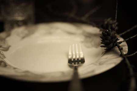 black and white picture fork on an empty plate diningの写真素材