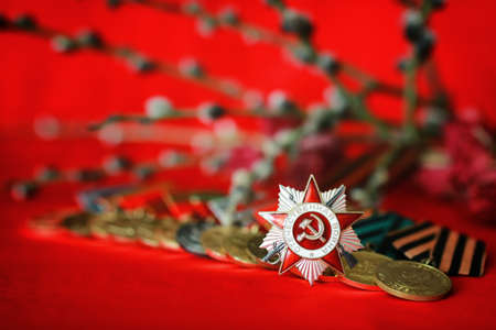 the composition of the old military decorations on a red satin cloth with a branch of a willowの写真素材