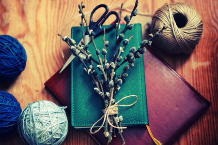 Spring background with objects on a wooden is suitable for the celebration of Easter