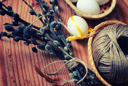 Spring background with objects on a wooden is suitable for the celebration of Easterの写真素材