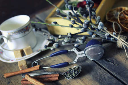 box with a lot of compartments for packing tea with different additivesの写真素材