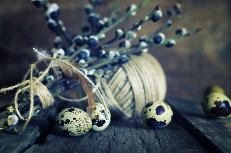 dry twigs of willow with buds on them, the texture on the old wooden backgroundの写真素材