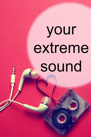 audiocassette retro music and film of her folded in the shape of a heart and headphones