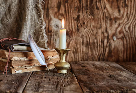 Vintage objects on old wooden shabby retro background conceptの写真素材