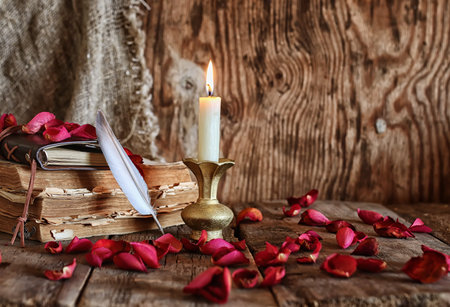 Vintage objects on old wooden shabby retro background conceptの写真素材