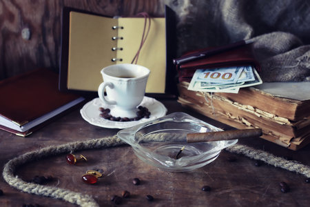 Vintage objects on old wooden shabby retro background conceptの写真素材