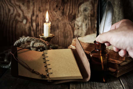 Vintage objects on old wooden shabby retro background conceptの写真素材