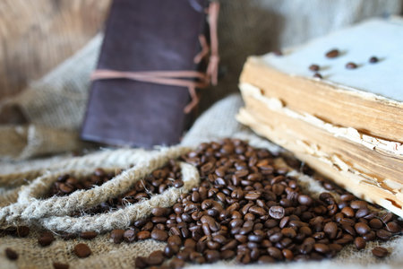 Vintage objects on old wooden shabby retro background conceptの写真素材