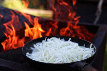 white cut onion fry on fire in oven outdoors in summerの写真素材