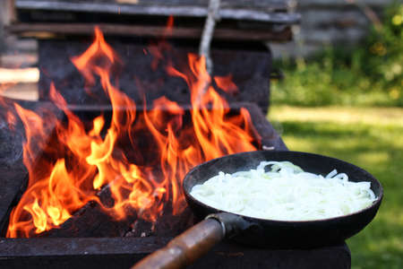 white cut onion fry on fire in oven outdoors in summerの写真素材