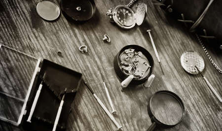Workshop watch repair man in the course of workの写真素材
