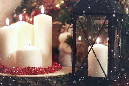 various decorations on the wooden table ornaments for New Yearの写真素材