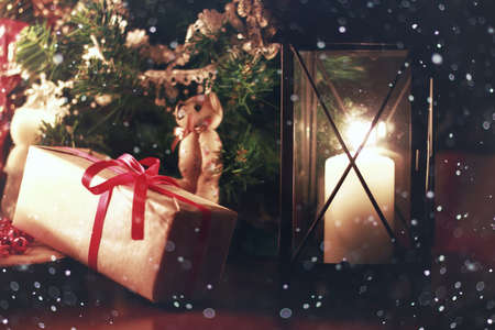 various decorations on the wooden table ornaments for New Yearの写真素材