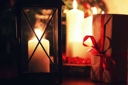 various decorations on the wooden table ornaments for New Yearの写真素材