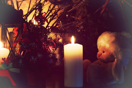 various decorations on the wooden table ornaments for New Yearの写真素材