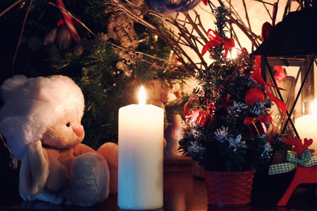 various decorations on the wooden table ornaments for New Yearの写真素材