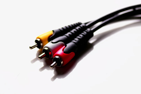 Multicolored computers wires and tv isolated on white background