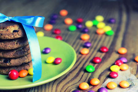 cookies and candies on wooden tableの写真素材