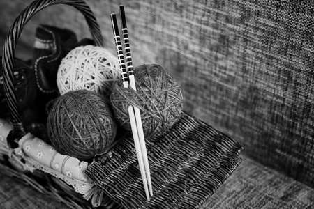 woolen threads of different colors for knitting scarves for the grandchildrenの写真素材