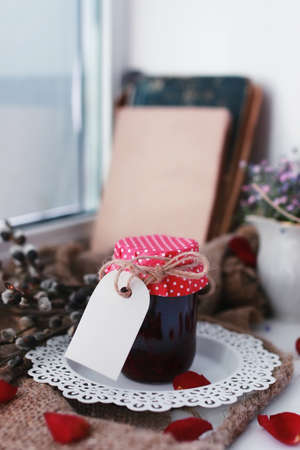 small jars with homemade food prepared at home with loveの写真素材