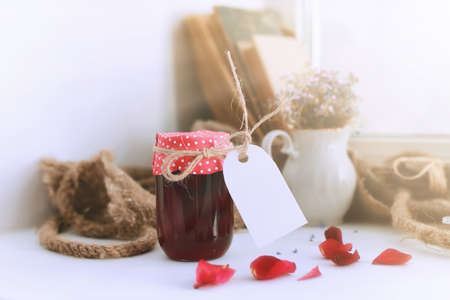 small jars with homemade food prepared at home with loveの写真素材