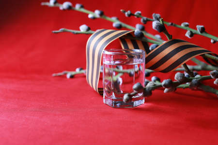 the composition of the old military decorations on a red satin cloth with a branch of a willowの写真素材