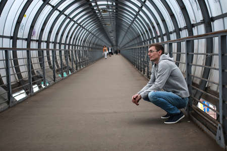 Portrait of a white student to rest while traveling on vacationの写真素材