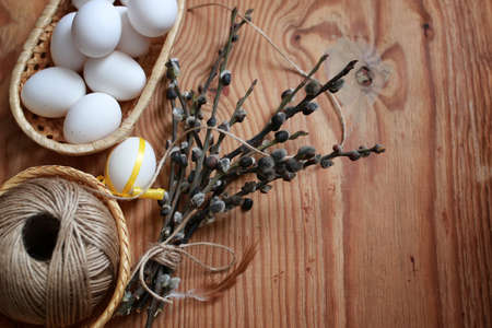 Spring background with objects on a wooden is suitable for the celebration of Easterの写真素材