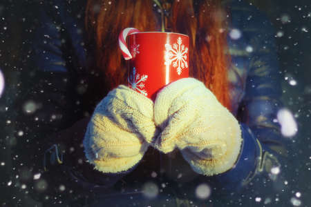 Pretty red-haired girl in the winter forest walks in the snow on a sunny dayの写真素材