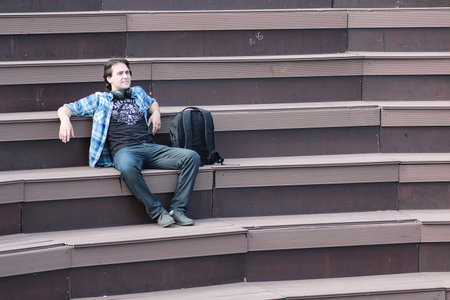 Portrait of a white student to rest while traveling on vacation