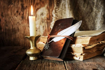 Vintage objects on old wooden shabby retro background conceptの写真素材