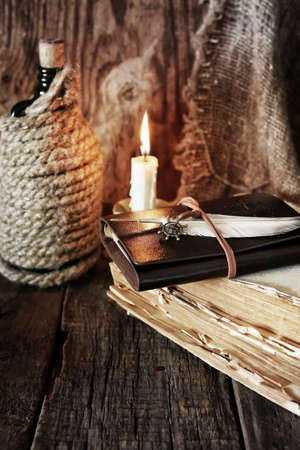 Vintage objects on old wooden shabby retro background conceptの写真素材