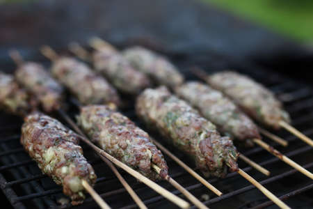 Cooking meat on the fire and kebabs on skewers on the grillの写真素材