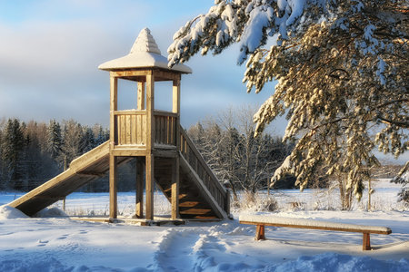 urban landscape on a sunny winter day, footpaths and parksの写真素材