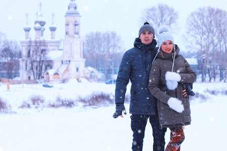 young student in a winter landscape on a sunny nice dayの写真素材