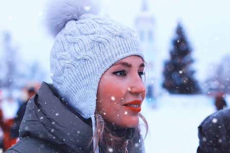 young student in a winter landscape on a sunny nice dayの写真素材