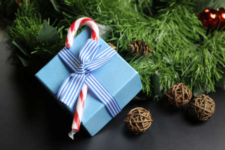 Christmas sweet cane sticks with satin ribbon tied aroundの写真素材