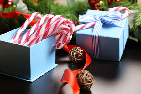 Christmas sweet cane sticks with satin ribbon tied aroundの写真素材
