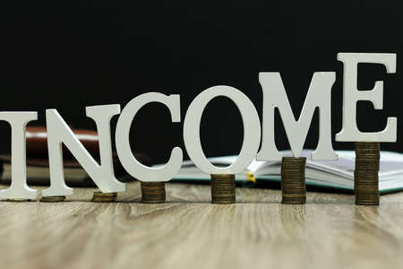 background for business small wooden letters and coins depict climbing up the stairsの写真素材