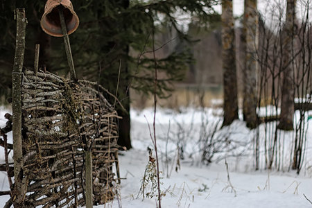 winter landscape on a suburban area with an old wooden house and snow-covered lawnの写真素材