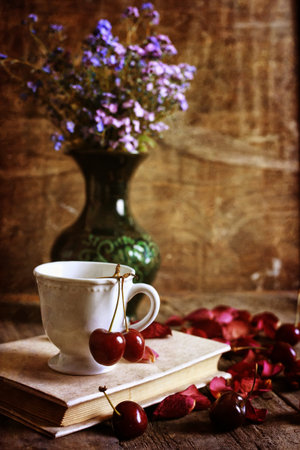 retro wooden background book on the concept of reading old books as a way of lifeの写真素材