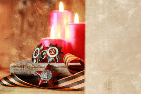 old military decorations since World War II on a wooden tableの写真素材