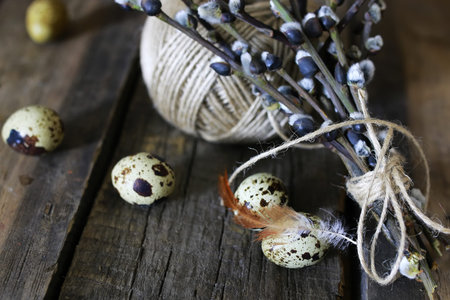 dry twigs of willow with buds on them, the texture on the old wooden background