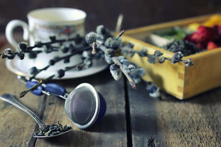 box with a lot of compartments for packing tea with different additivesの写真素材