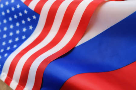 russian usa flag sanctions wooden letters on themの写真素材