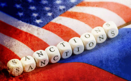 effect with scratches on photo russian usa flag sanctionsの写真素材