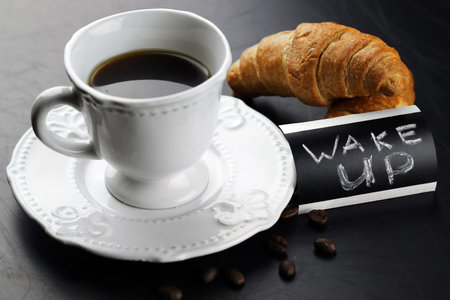 Morning coffee cup croissantの写真素材