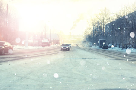 urban landscape on a sunny winter day, walkways and streetsの写真素材