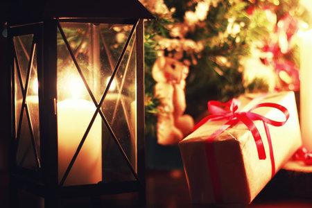various decorations on the wooden table ornaments for New Yearの写真素材