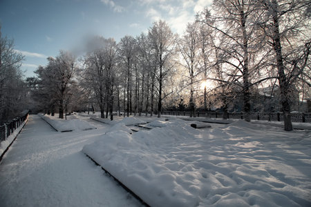 urban landscape on a sunny winter day, walkways and streetsの写真素材